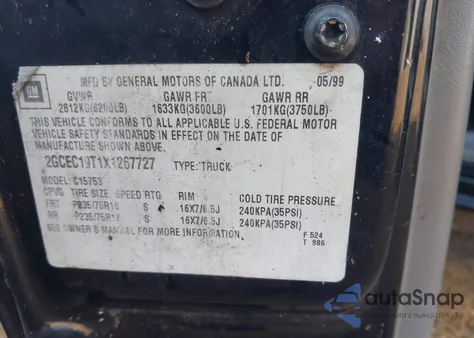 1999 Chevrolet Silverado 1500 Ls из США, поврежденный, VIN 2GCEC19T1X1267727